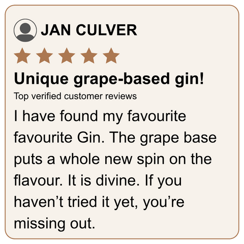 A customer review card for a gin product, featuring a beige background with a rounded border. The card is signed by 'JAN CULVER' and shows a five-star rating with the text 'Unique grape-based gin!'.