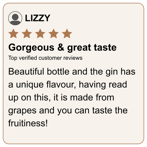A customer review card with the name LIZZY at the top, a five-star rating, and a quote praising a gin bottle as 'Gorgeous & great taste'.