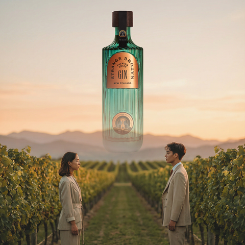 Two people standing in a vineyard with a bottle of gin superimposed above them.