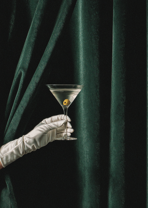 Hand in a white glove holding a martini glass with a olive against a dark green curtain background